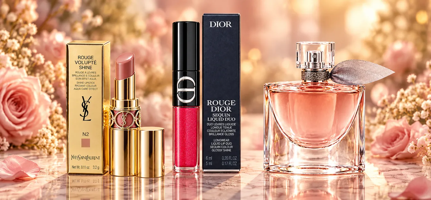 Rossetto Yves Saint Laurent Rouge Volupté Shine, Rouge Dior Sequin Liquid Duo e profumo La vie est belle di Lancôme tra le rose